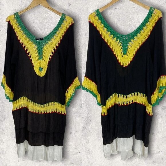 One Love Bohemian Crochet Knit Reggae Dress Black Green Yellow Red Midi Boho Med - Picture 1 of 9